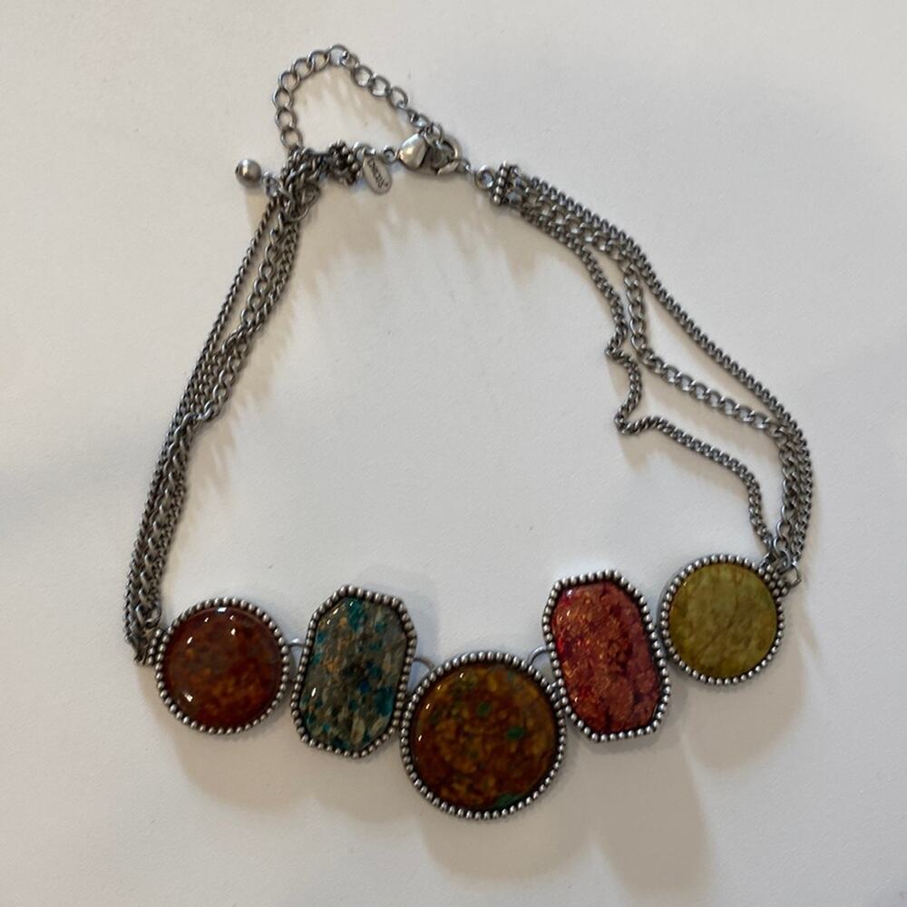 Chico’s Multicolored Speckled Stones Metal Necklace Three Chains Lobster Clasp